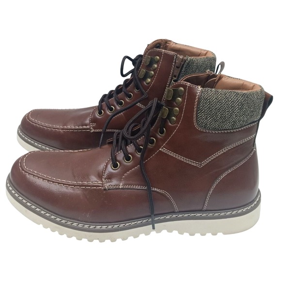 Steve Madden Dustin Boots Men 11 Brown Vegan Leather Ankle Side Zip Lace Up - Picture 1 of 16